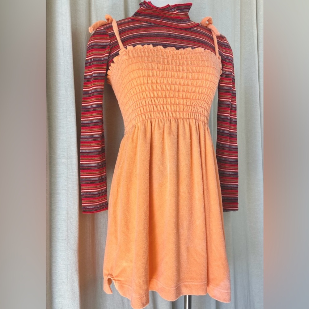 Retro cotton terry cloth mini dress with tie straps In sherbert orange